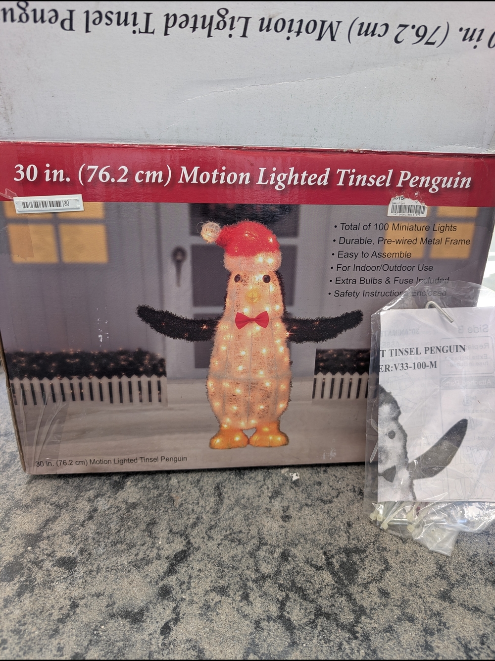30 in Motion Lighted Tinsel Penguin - Red Hat & Bow - New In Box